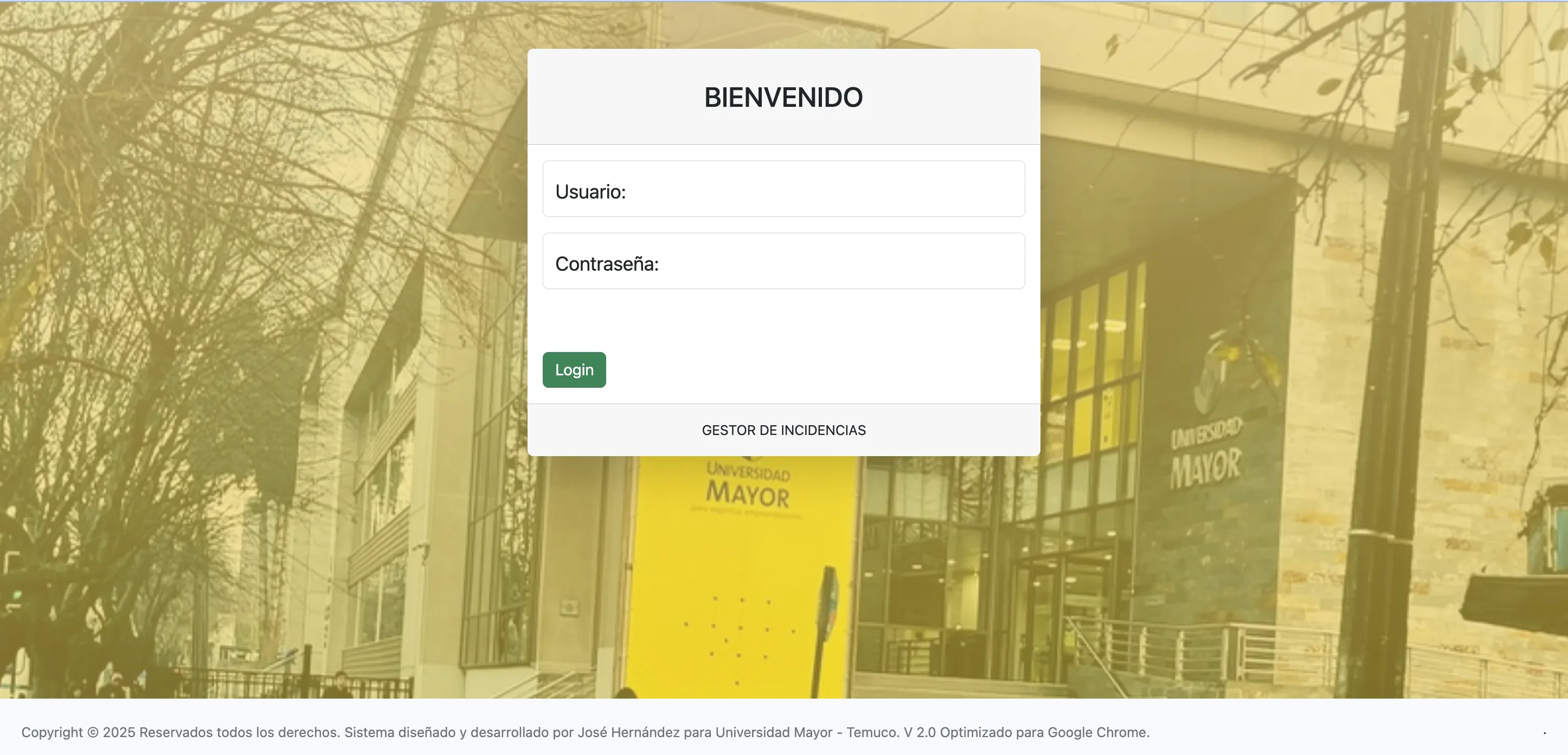 Pantalla de acceso del sistema Mesa TI